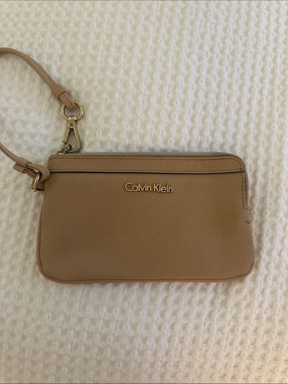 Calvin Klein Beige/Tan Wristlet Pouch with Gold Logo